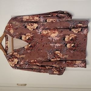 Front of Closet Blouse - seems like a medium - tan, baby blue, & cream - EUC